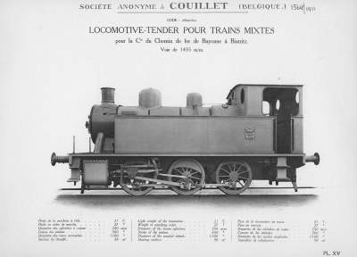 <b>Locomotive-tender pour trains mixtes</b><br>pour la Compagnie du Chemin de fer de Bayonne à Biarritz<br>Voie de 1435 m/m